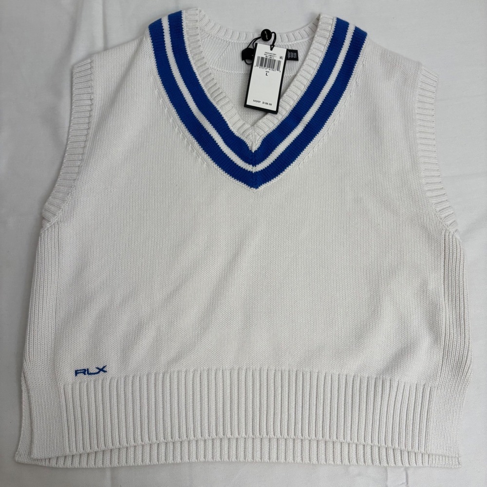 RLX Ralph Lauren white blue cotton knit cricket vest sweater size large new